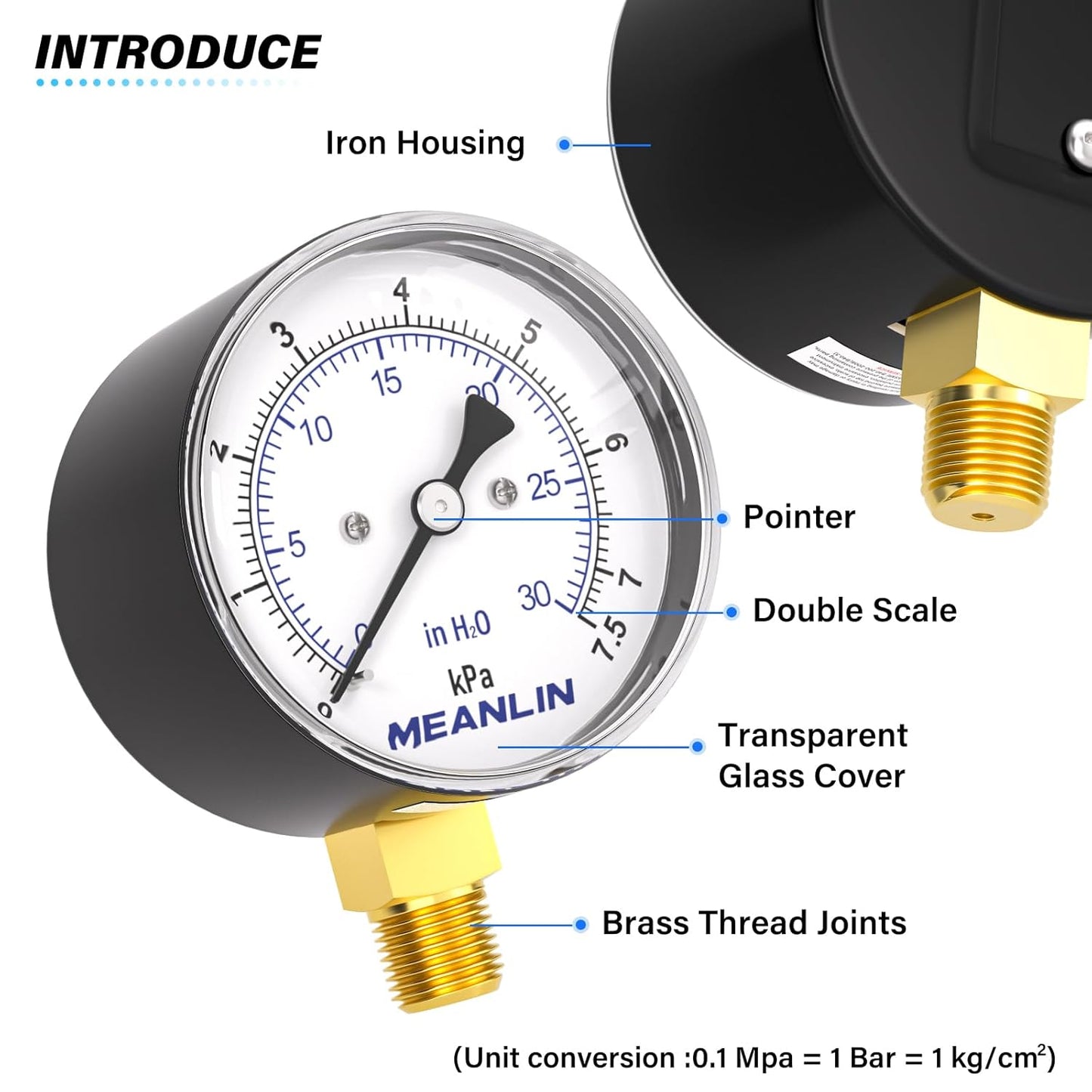 MEANLIN MEASURE 0-30 in H2O Diaphragm Type Capsule Low-Pressure Gauge, Water Column Gauge, 2.6" Dial, 1/4" NPT, Rear Adjustable Knob, with 1/2" NPT and 3/8" NPT Hex Bushing, Lower Mount
