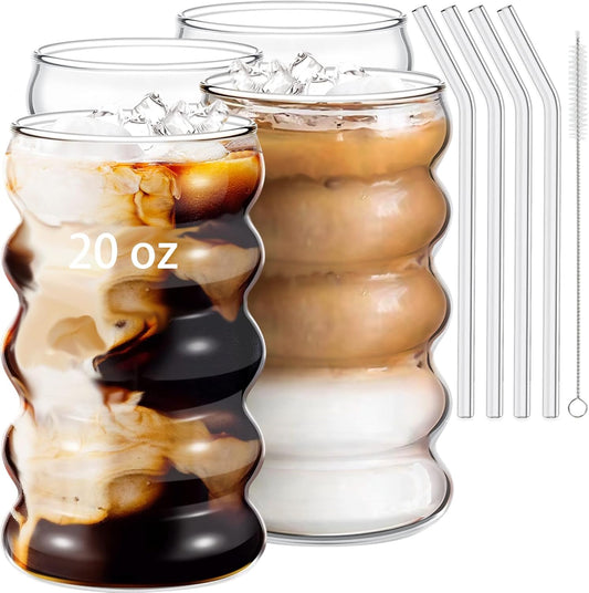 4 Pcs 20oz Drinking Glasses Set with Straws, Cute Iced Coffee Glass Cups, Iced Coffee Tumblers, Thick Drinking Jars for Smoothie, Boba Milk Tea, Ideal for Gift, with Straw Brush