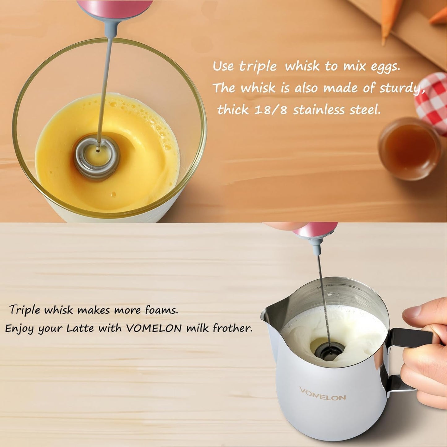 Electric Milk Frother Handheld,Travel Coffee Drink Mixer Batteries Included, 304 Stainless Steel Whisk for latte Cappuccino,Bulletproof Coffee Hot Chocolate,Egg Rose Pink