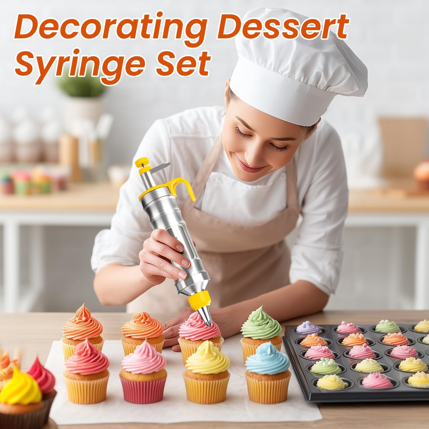 Dessert Decorating Syringe Set Icing Piping Kit Frosting Piping Kit Stainless Steels Cake Decorating Kit with 10 food grade stainless steel piping tips & 50 Disposable Piping Bags Yellow