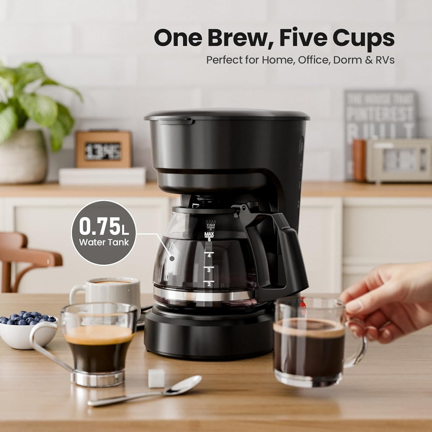 Kismile 5-Cup Drip Coffee Maker with Anti-Drip System, Food-Grade Compact Coffee Machine with Removable Funnel, Warm Plate, Dishwasher-Safe Glass Carafe, Portable Coffee Maker for Home & Office Use
