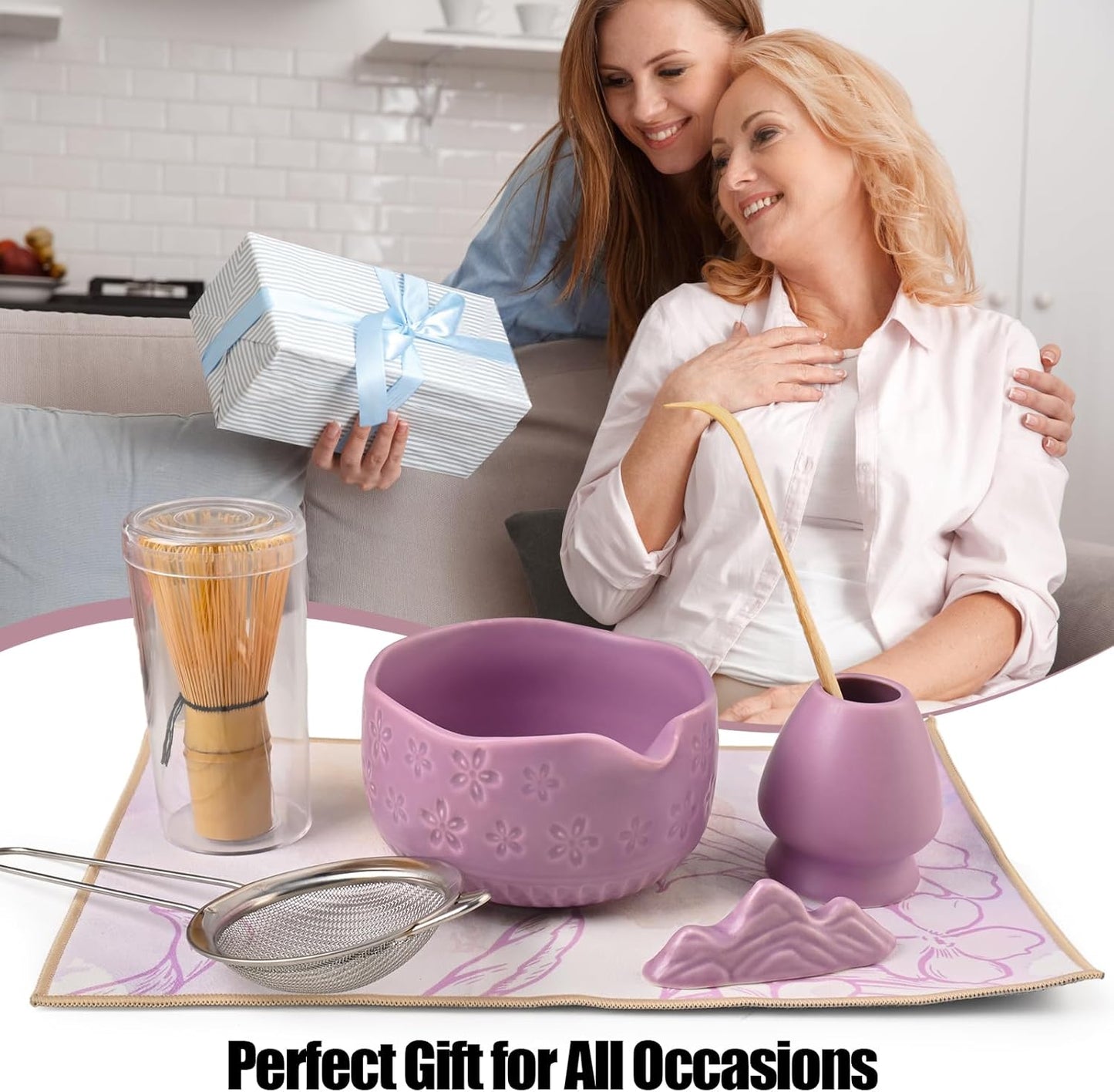 Matcha Whisk Set - Traditional Japanese Handmade Bamboo Matcha Whisk and Holder, Matcha Bowl,Bamboo Scoop, Scoop Rest, Sifter and Tea Towel (Purple)