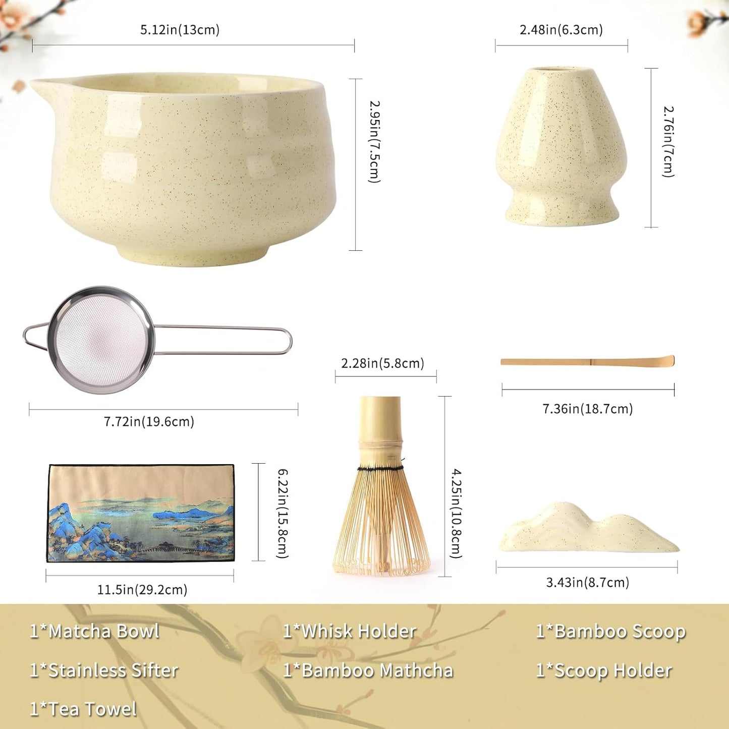 Japanese Matcha Whisk Set - 7-Piece Kit Bamboo Chasen, Ceramic Bowl with Spout, Stainless Steel Sifter & Holder Yellow