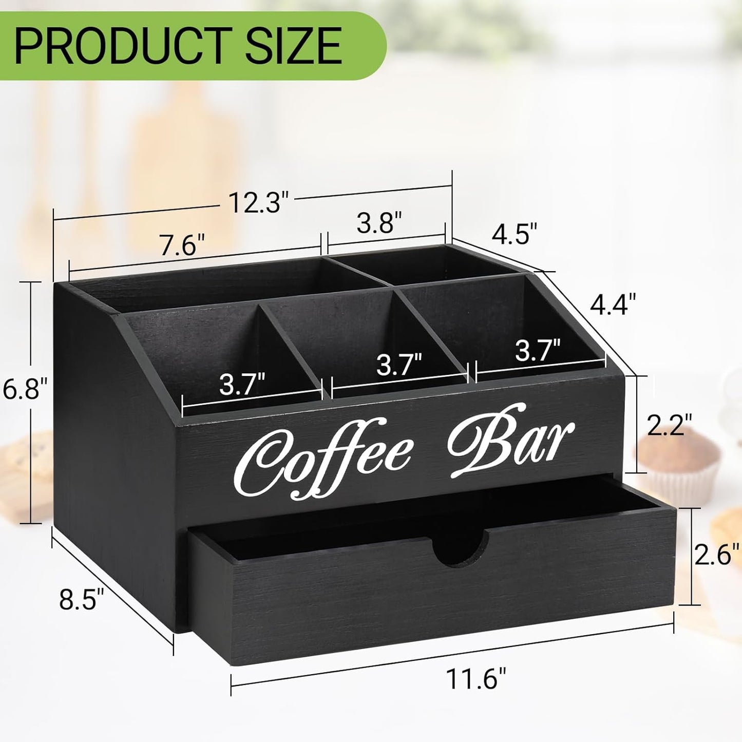 Farmhouse Wooden Coffee Bar Organizer - Countertop Station With Drawer, Pods Holder & Storage Basket