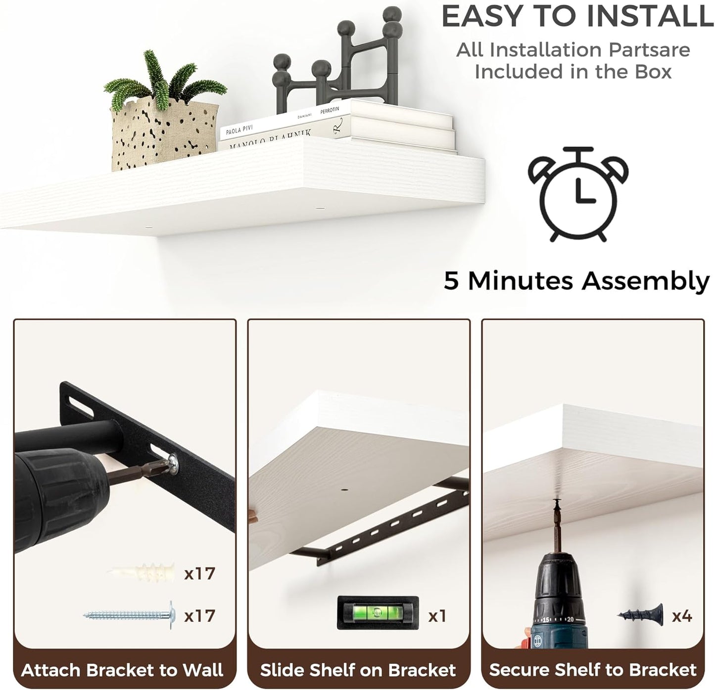 Floating Shelves for Wall, Large Wall Mounted Shelves with Invisible Brackets, Long Wood Floating Shelf for Living Room, Bedroom, Kitchen, (White, 72" W x 9" D x 1.5" H)