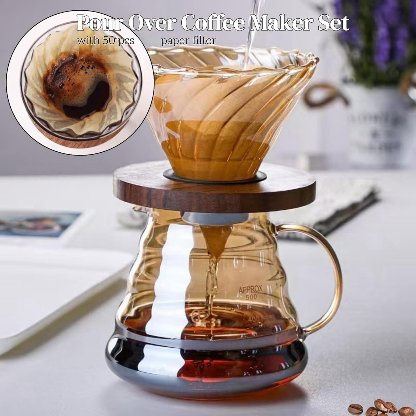 Pour Over Coffee Maker Set 20 oz, 600 ml Borosilicate Glass Coffee Server with Glass Lid, 50 pcs Paper Filter, Walnut Handle Pour Over Coffee Dripper for Home Café Restaurant, Gold
