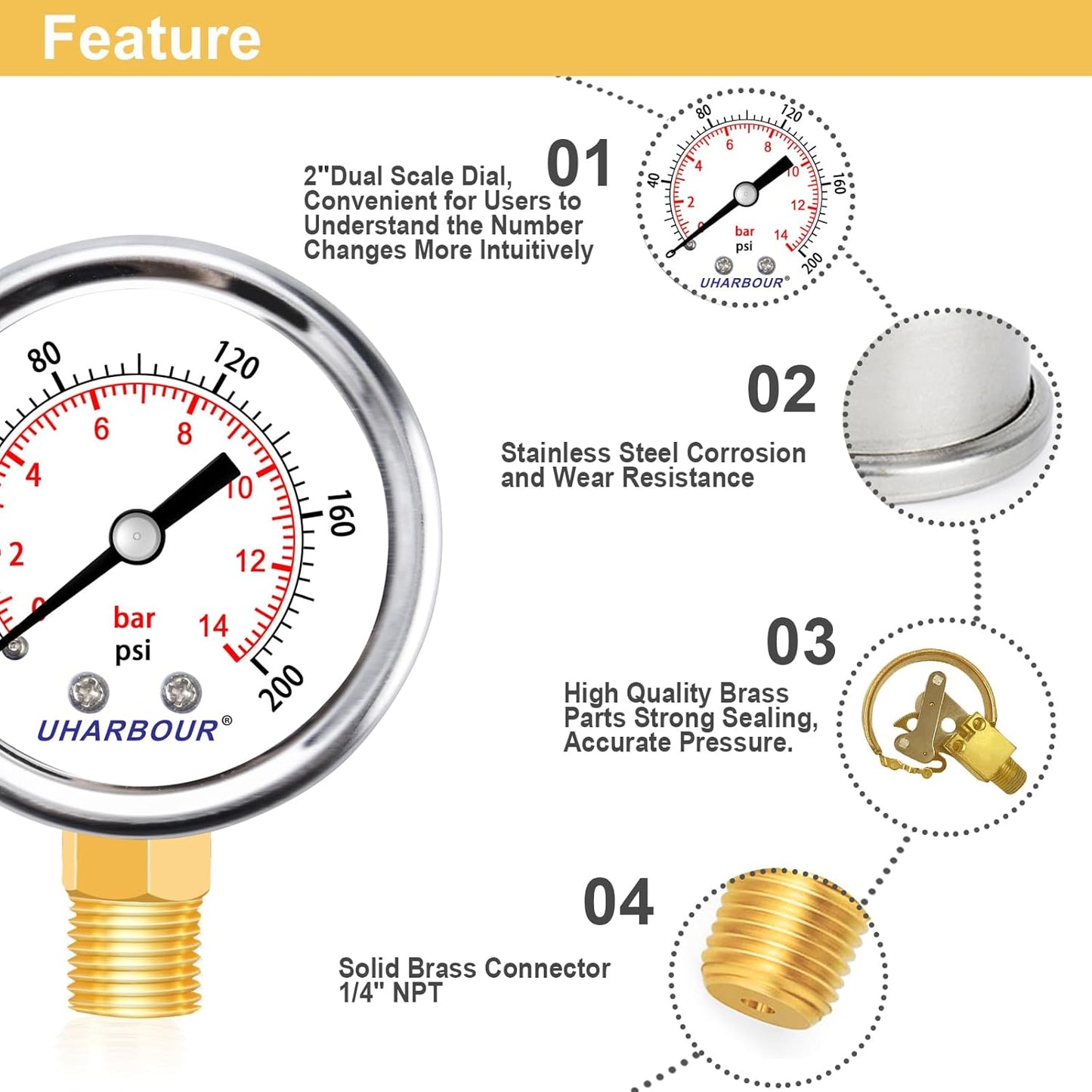 Lead-Free Pressure Gauge 1/4 NPT 0-200 Psi 2" Dial Stainless Steel Case, 1/4 NPT Lower Mount Pressure Gauge