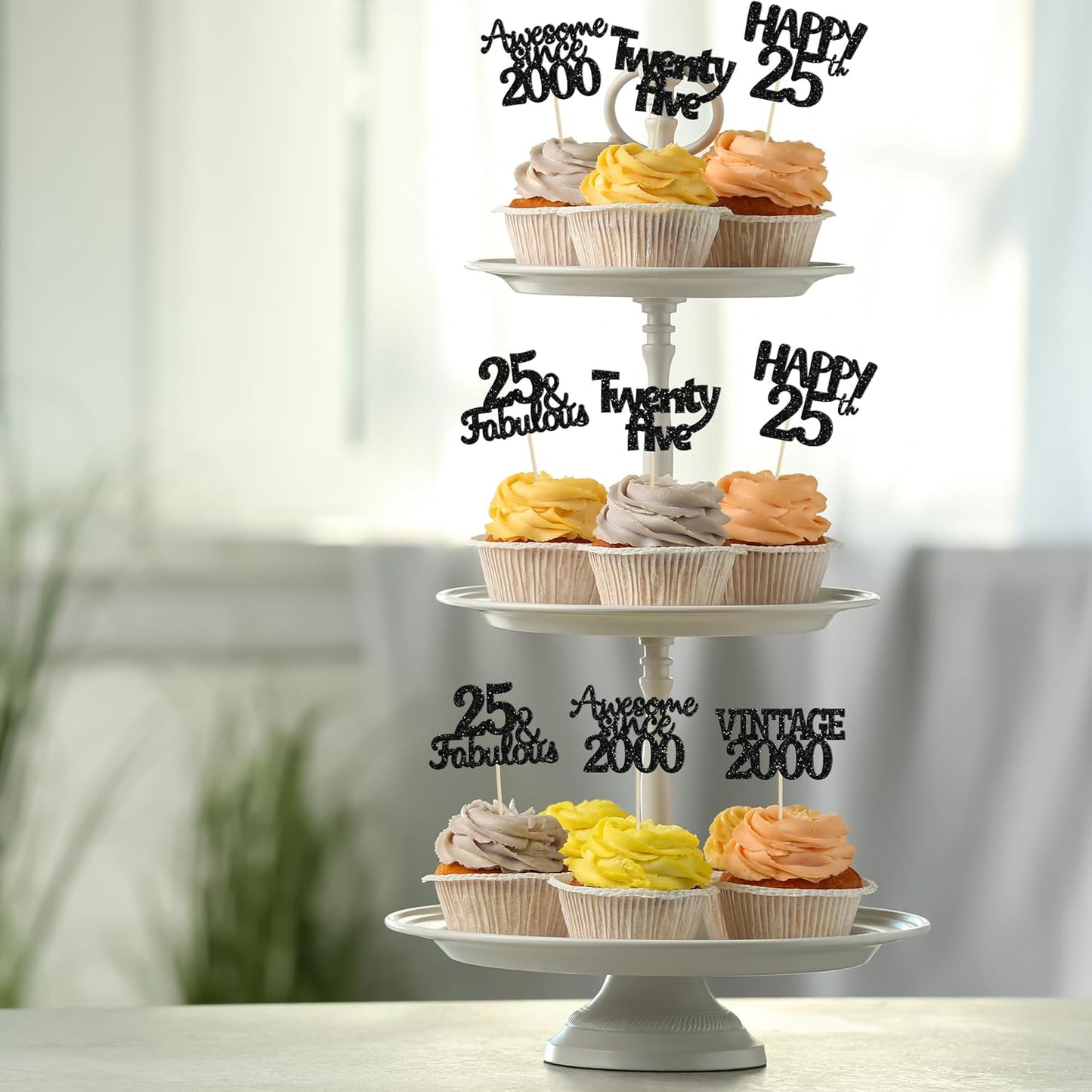 Gyufise 30Pcs Vintage 2000 Cupcake Toppers Glitter 25th Birthday Cake Decorations - Black