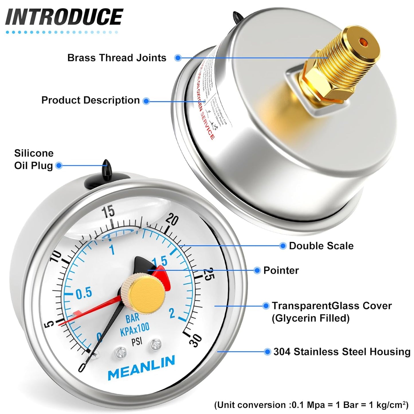 MEANLIN MEASURE 0~30Psi Stainless Steel 1/4" NPT 2.5" FACE DIAL with Reset Pointer Liquid Filled Pressure Gauge WOG Water Oil Air, Back Mount, with Brass Hex Bushing