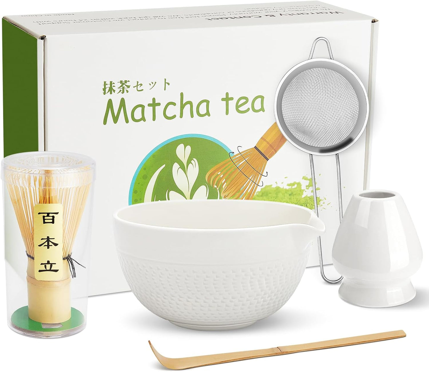 Matcha Whisk Set, Ceramic Matcha Set, Matcha Bowl with Spout, Matcha Whisk & Holder, Sifter and Bamboo Scoop, 5 Pcs Matcha Kit, Matcha Tea Ceremony Gifts for Matcha Lovers & Starter (White)
