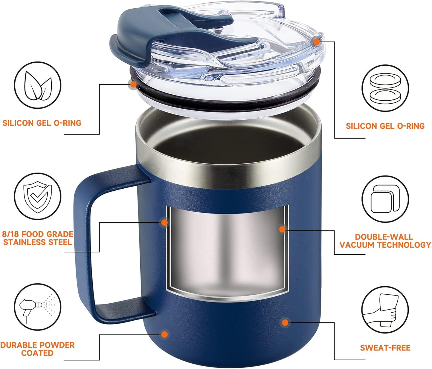 ALOUFEA 12oz Insulated Coffee Mug Cup with Handle, Stainless Steel Travel Coffee Mug with Flip Lid, Double Wall Vacuum Coffee Tumbler, Navy