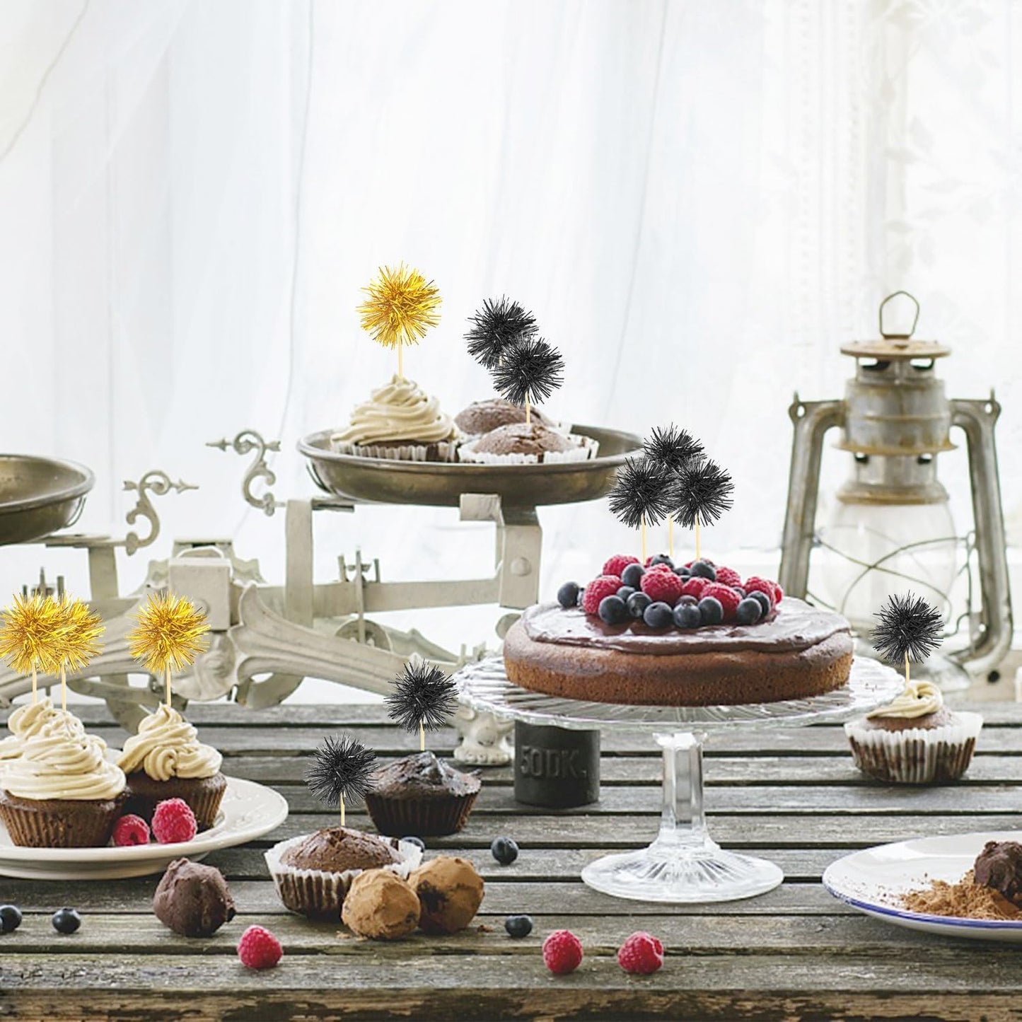 80 Pcs Firework Cupcake Topper Gold Graduation Cake Decorations Foil Frill Toothpicks for Party Decoration, Cake Toppers, Picnics, Bar, Birthday, Holiday (Black, Gold)