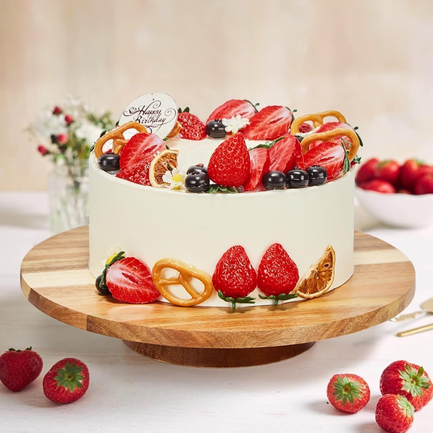 12" Acacia Wood Revolving Cake Stand, Rotating Cake Turntable with 2 Plastic Icing Spatulas, 3 Plastic Smoothers, Wooden Rotating Display Stand for Cake, Cupcake Decorating Supplies