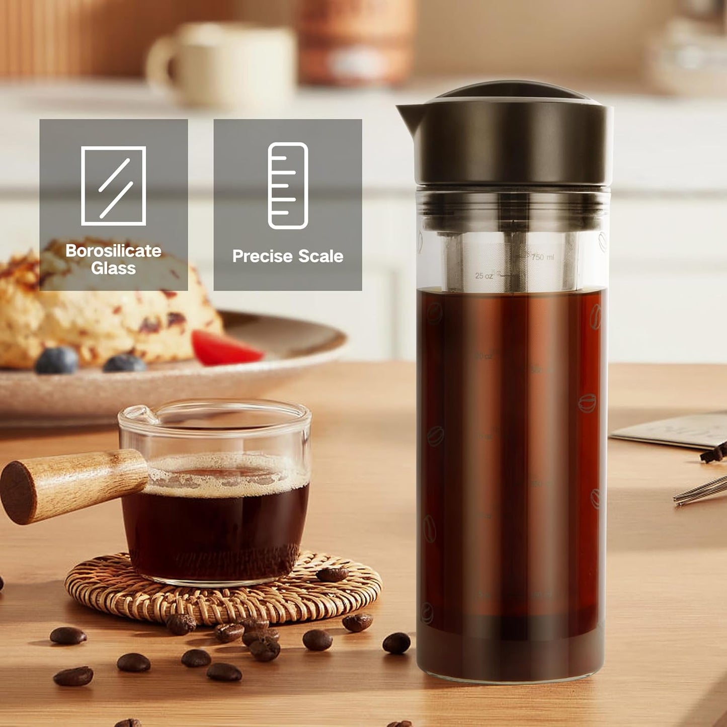 25oz Cold Brew Coffee Maker 4 Cup Capacity Tea Maker, Iced Coffee Pot, Cold Heat Resistant Borosilicate Glass Carafe, Stainless Steel Mesh Filter Basket and Black Freshness Lid