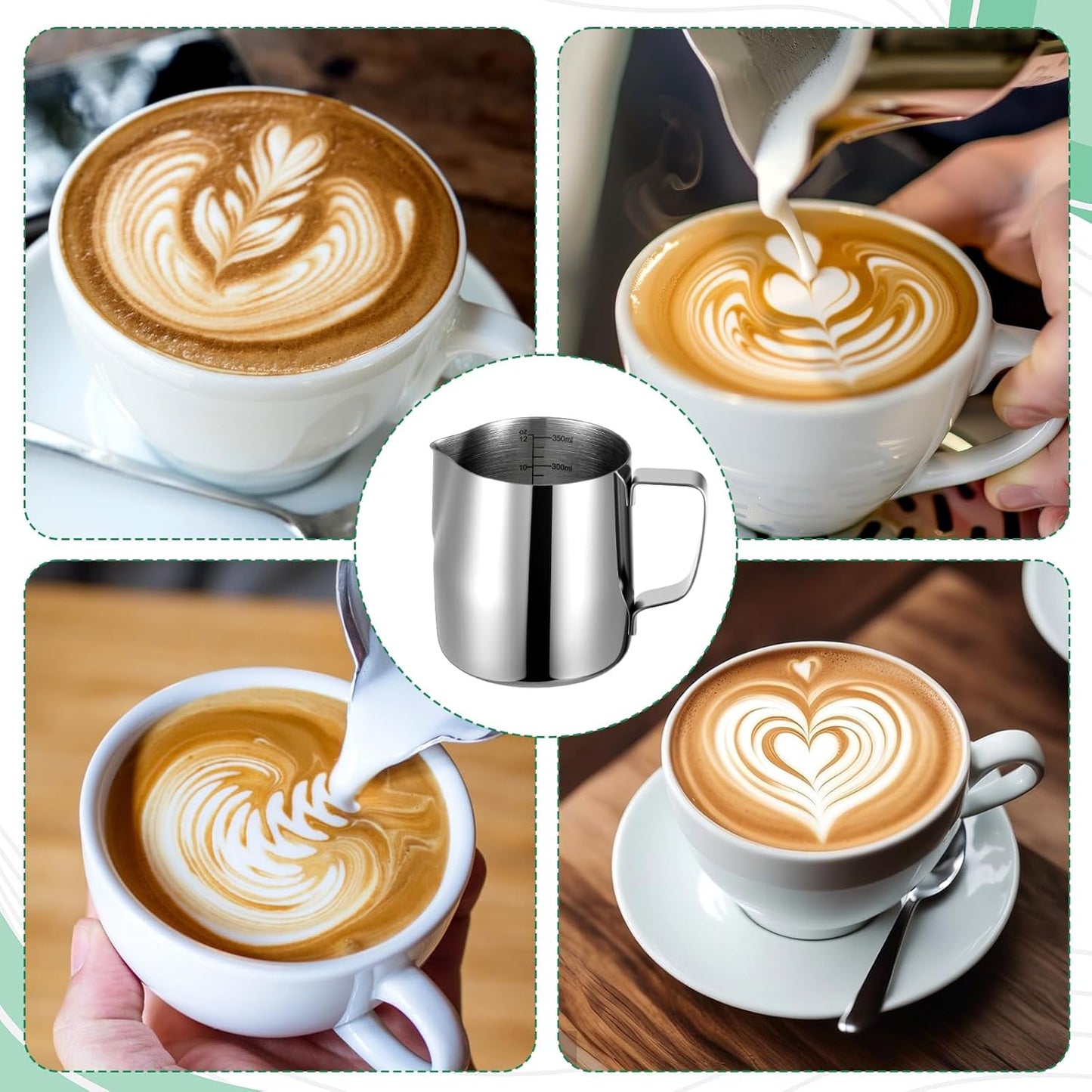 4 Pcs Milk Frothing Pitchers, 12 Oz 304 Stainless Steel Espresso Steaming Pitchers with Measuring Markers, Heat Resistant Rustproof Barista Pitcher Tools for Home, Coffee Shops (Silver)