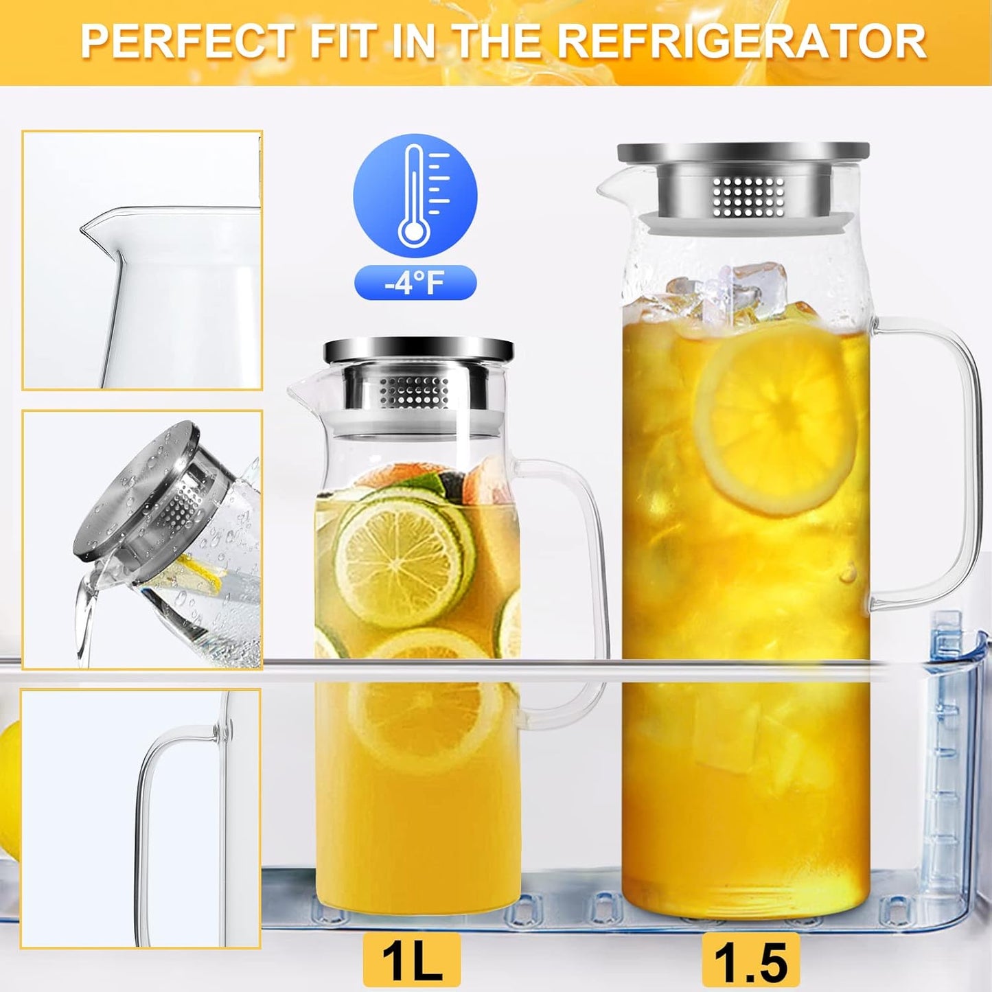 Glass Pitcher, 34 oz / 1 Liter Glass Pitcher with Lid, Glass Water Pitcher, Glass Carafe with Lid