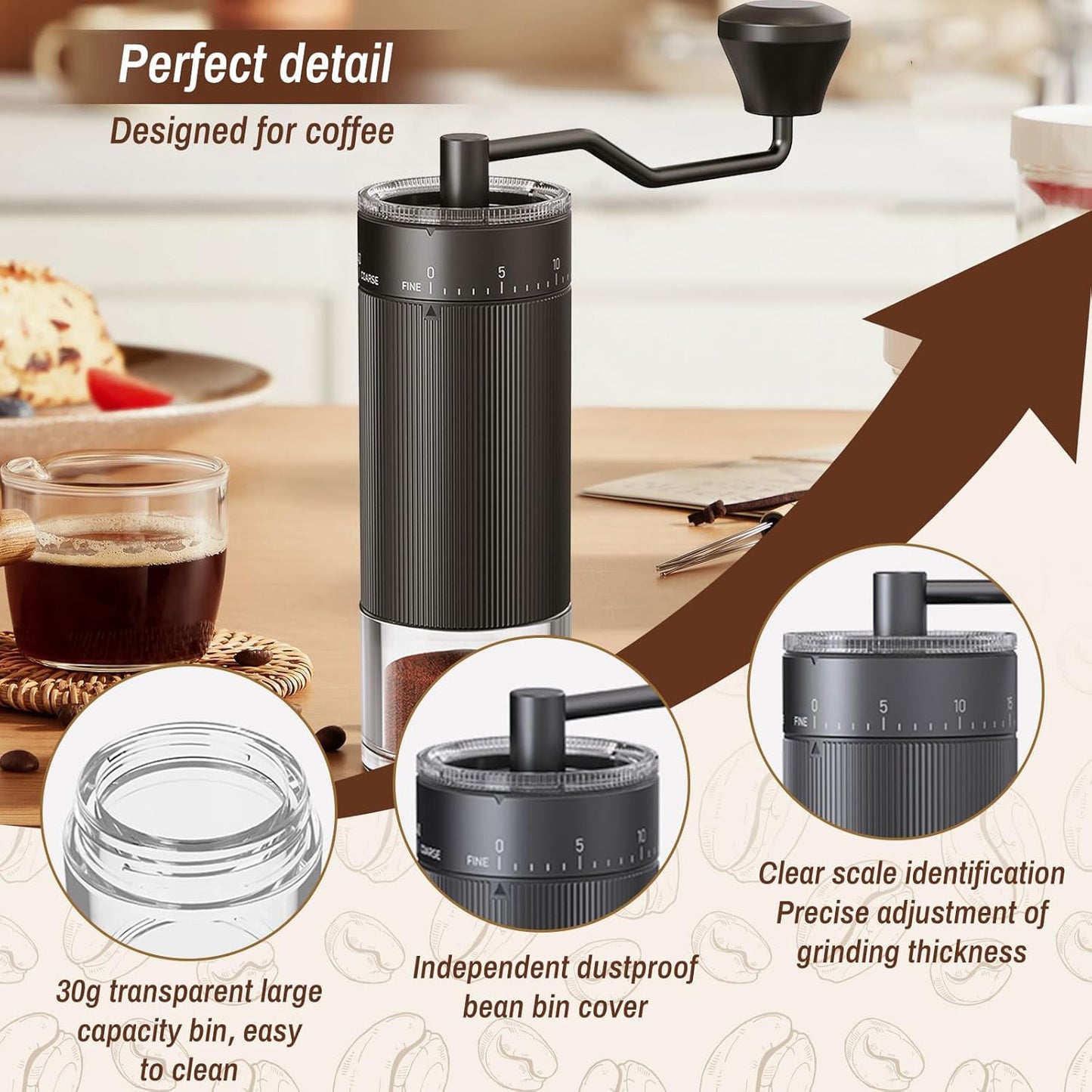 Portable Manual Coffee Grinder with with CNC Stainless Steel Conical Burr 40 Adjustable Settings,Hand Coffee Bean Mill with 30g Capacity & Crank for Travel Camping Office Home