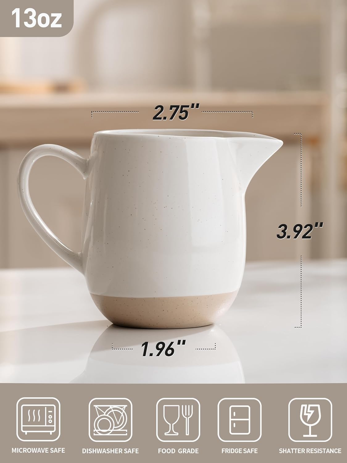 famiware Milkyway 13oz Creamer with Handle, Ceramic Coffee/Milk/Sauce/Serving/Salad Pitcher Jug, Stoneware Maple/Syrup Dispenser, Milk Frother Cup, Microwave and Dishwasher Safe, White