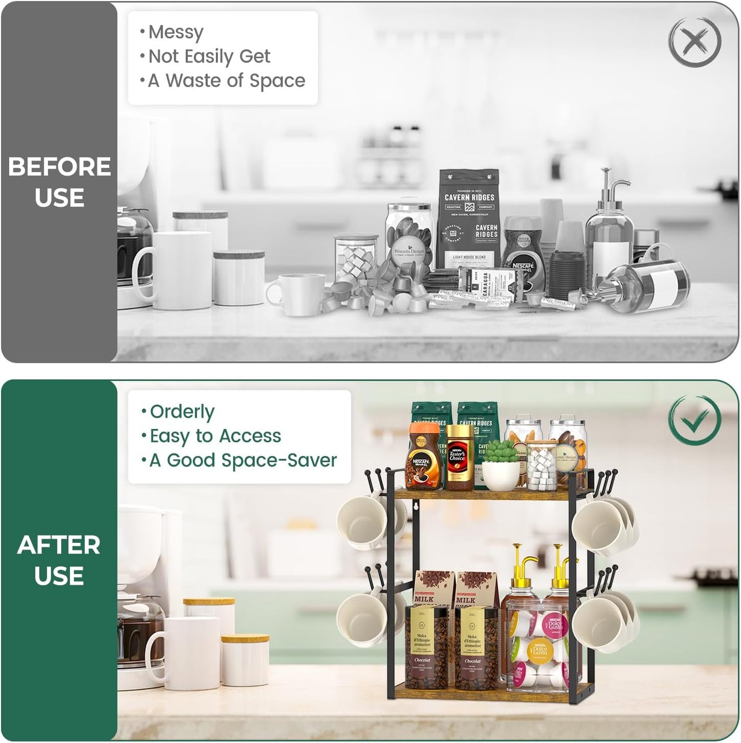 EsLuker.ly 2 Tier Coffee Mug Holder Station Bar Organize Countertop, Mug Cup Tree Rack for Kitchen Office, Storage Shelf with 12 Hooks, Creat Stylish Coffee Corner, Vintage Brown-Black