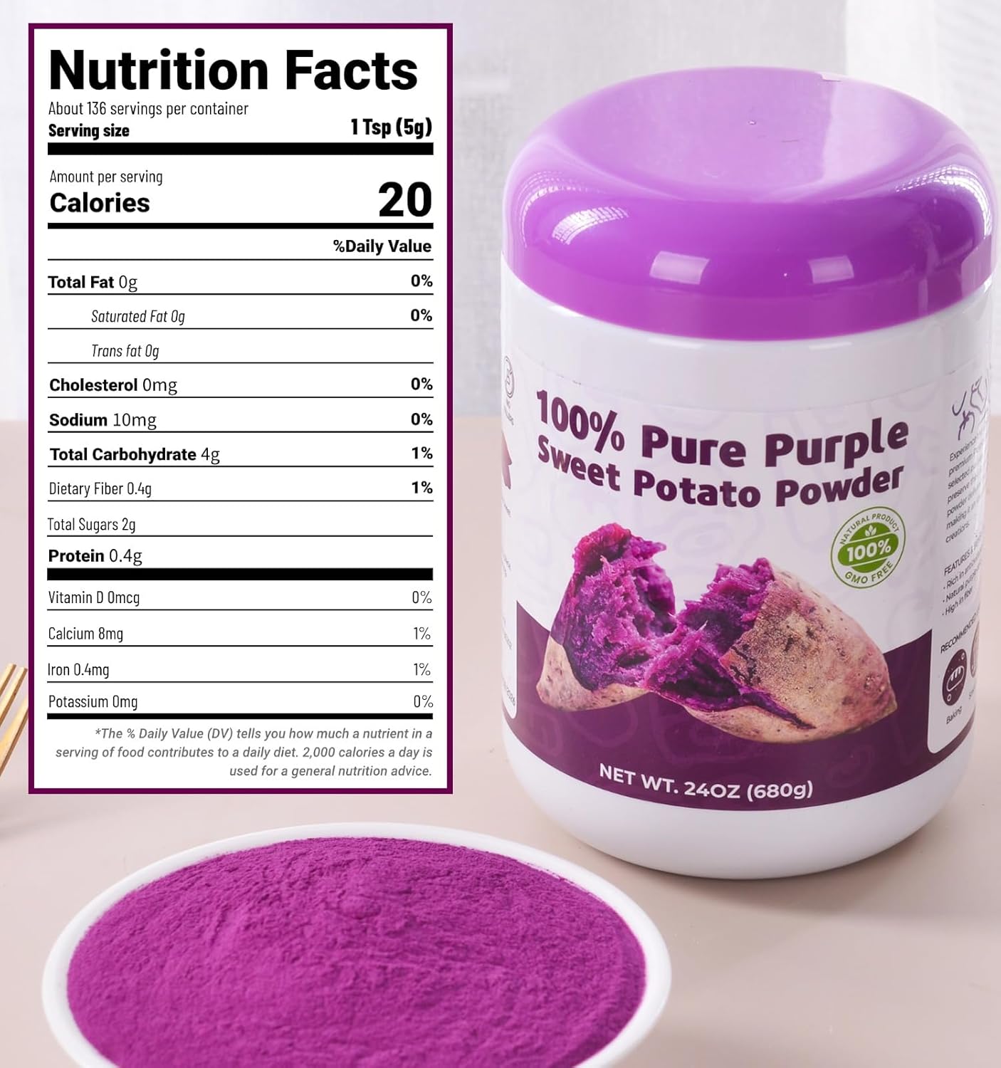 Purple Sweet Potato Powder 24oz (680g) - Natural Food Coloring for Baking, Drinks & Smoothies｜Ube/Purple Yam Alternative, Non-GMO, Gluten-Free, Resealable Fresh Pack