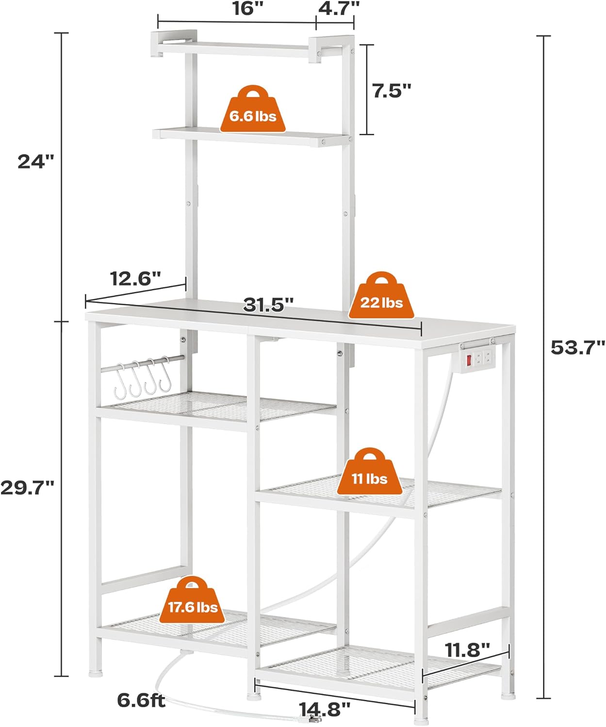 Huuger 31.5 Inch Bakers Rack with Power Outlets, Kitchen Microwave Stand with Storage, Coffee Bar with 4 Hooks, 3-Level Height Open Shelves, White