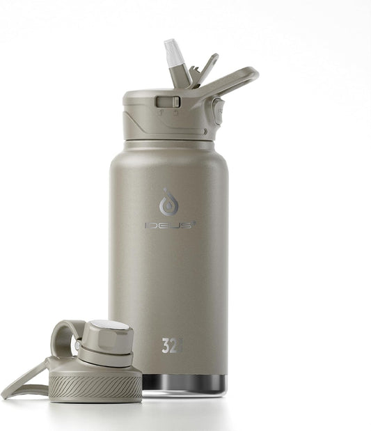 IDEUS Insulated Stainless Steel Water Bottle with 2 Leak-Proof Lids, Thermal Water Flask for Hiking Biking, 32oz, Celadon