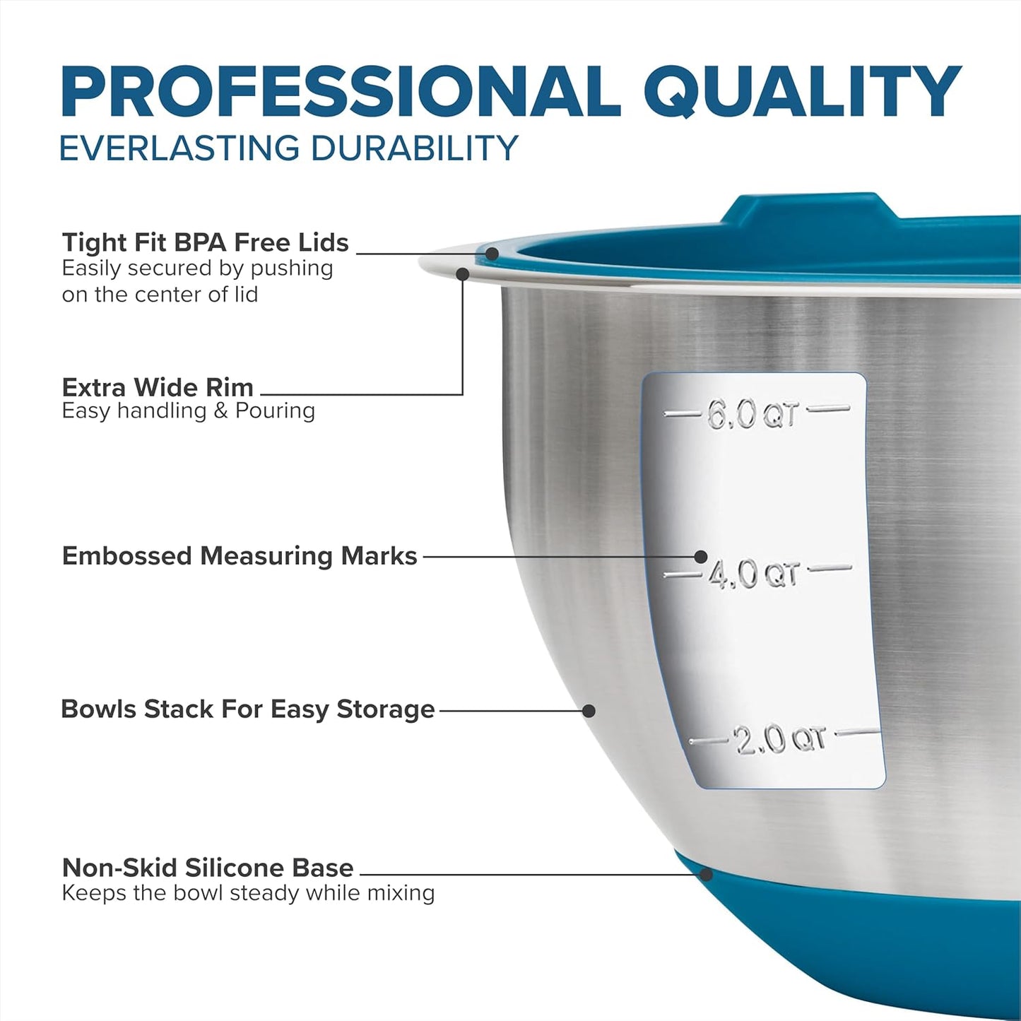 Viking Mixing Bowls Set, 10 Piece Stainless Steel Kitchen Cookware, Non-Slip Silicone Base, Includes Airtight Lids, Dishwasher Safe, Blue