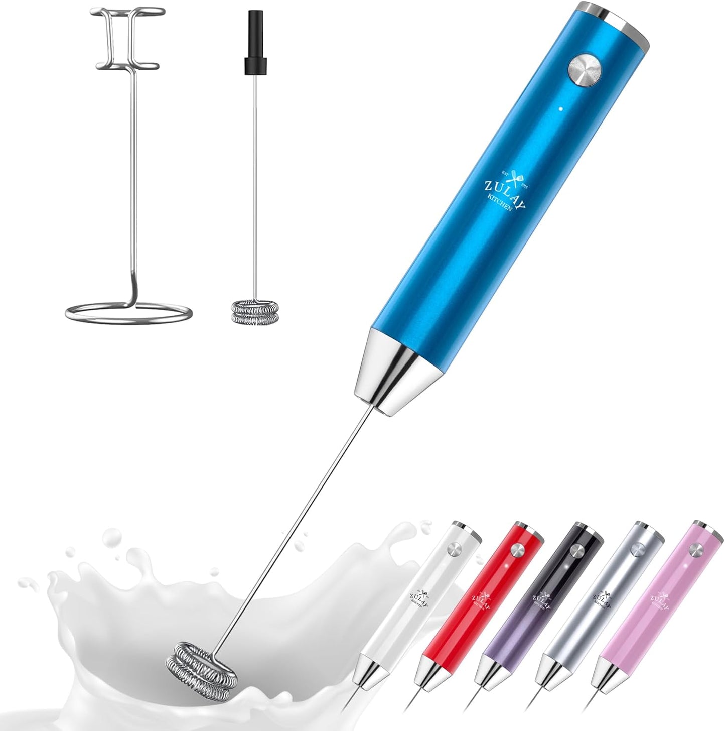 Zulay Kitchen Lux Rechargeable Milk Frother Handheld - Powerful 2-Speed Motor, Fully Waterproof, 2000mAh Battery - Drink Mixer For Latte, Cappuccino, Matcha, Protein Powder - Metallic Blue