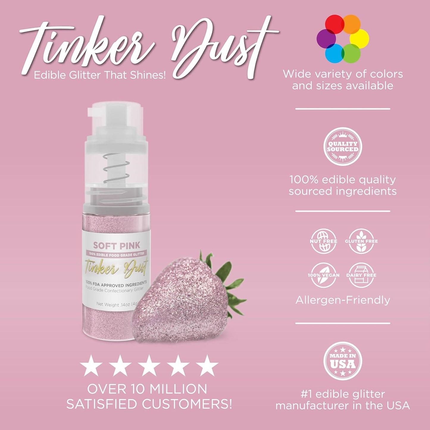 Bakell - Soft Pink Tinker Dust (4g, 1x Mini Spray Pump) Edible Glitter for Food, Desserts, and Beverages!