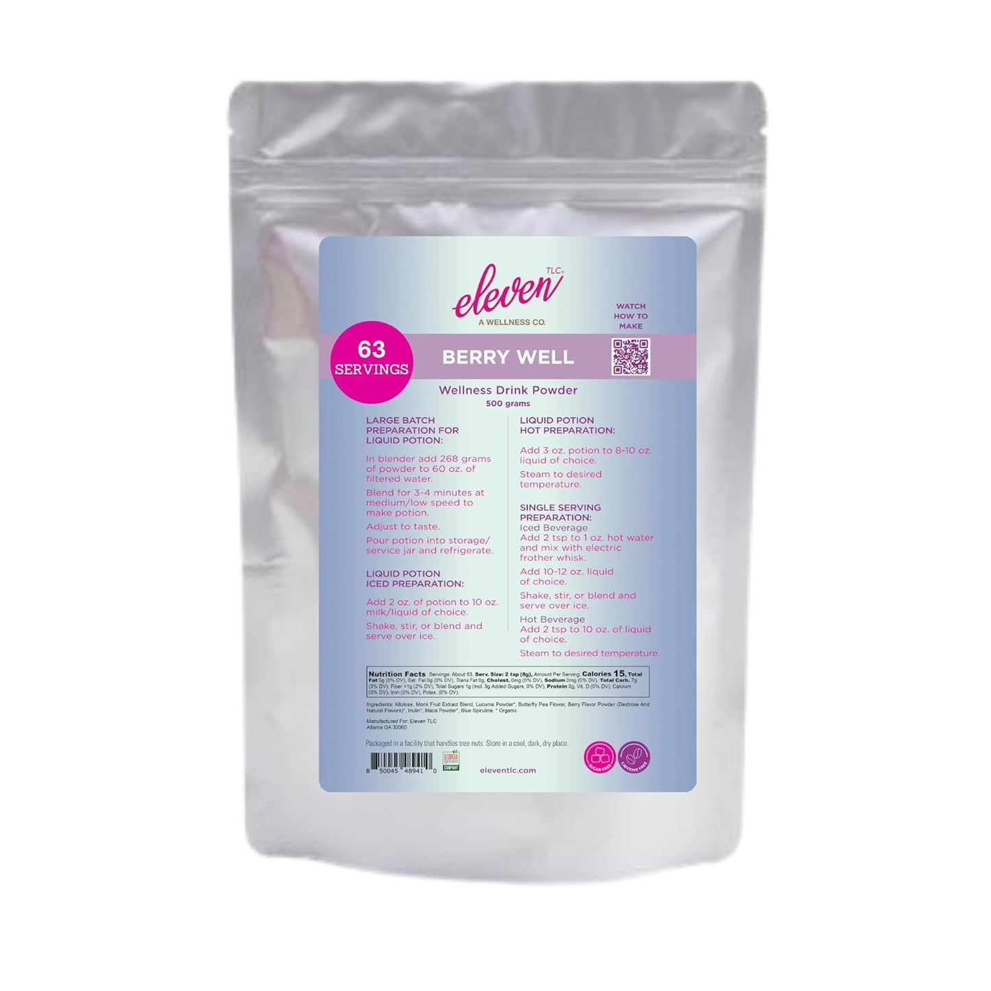 Eleven TLC, Berry Well Superfood Wellness Drink Latte + Mix, Caffeine-Free, or Herbal Tea, Blue Spirulina, Blue Butterfly Pea Flower, Organic Maca, Keto Friendly, Vegan, 63 Servings