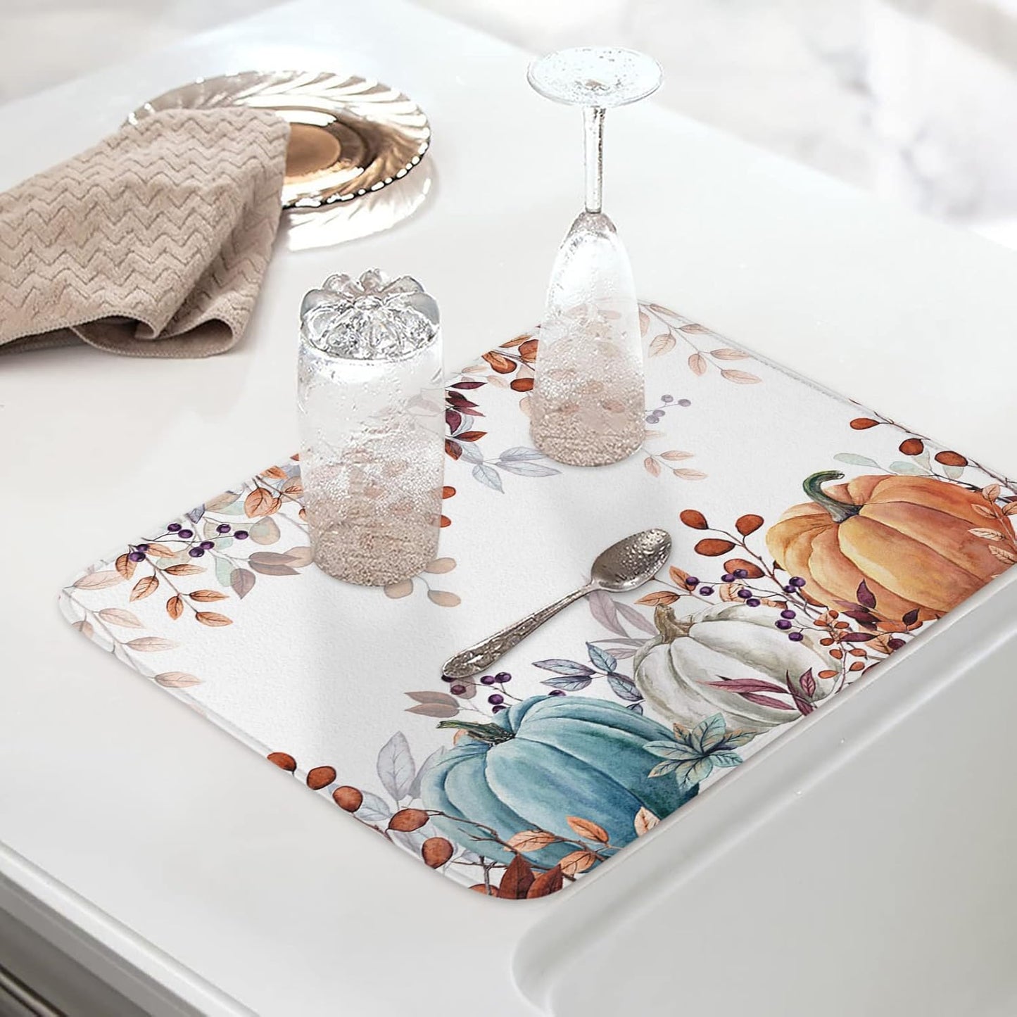 Fall Dish Drying Mat for Kitchen Counter Pumpkin Drying Pad Absorbent Drying Mats for Countertops Sinks Draining Racks Autumn Eucalyptus Leaves Drainer Holiday Harvest Thanksgiving Decorations 18x24