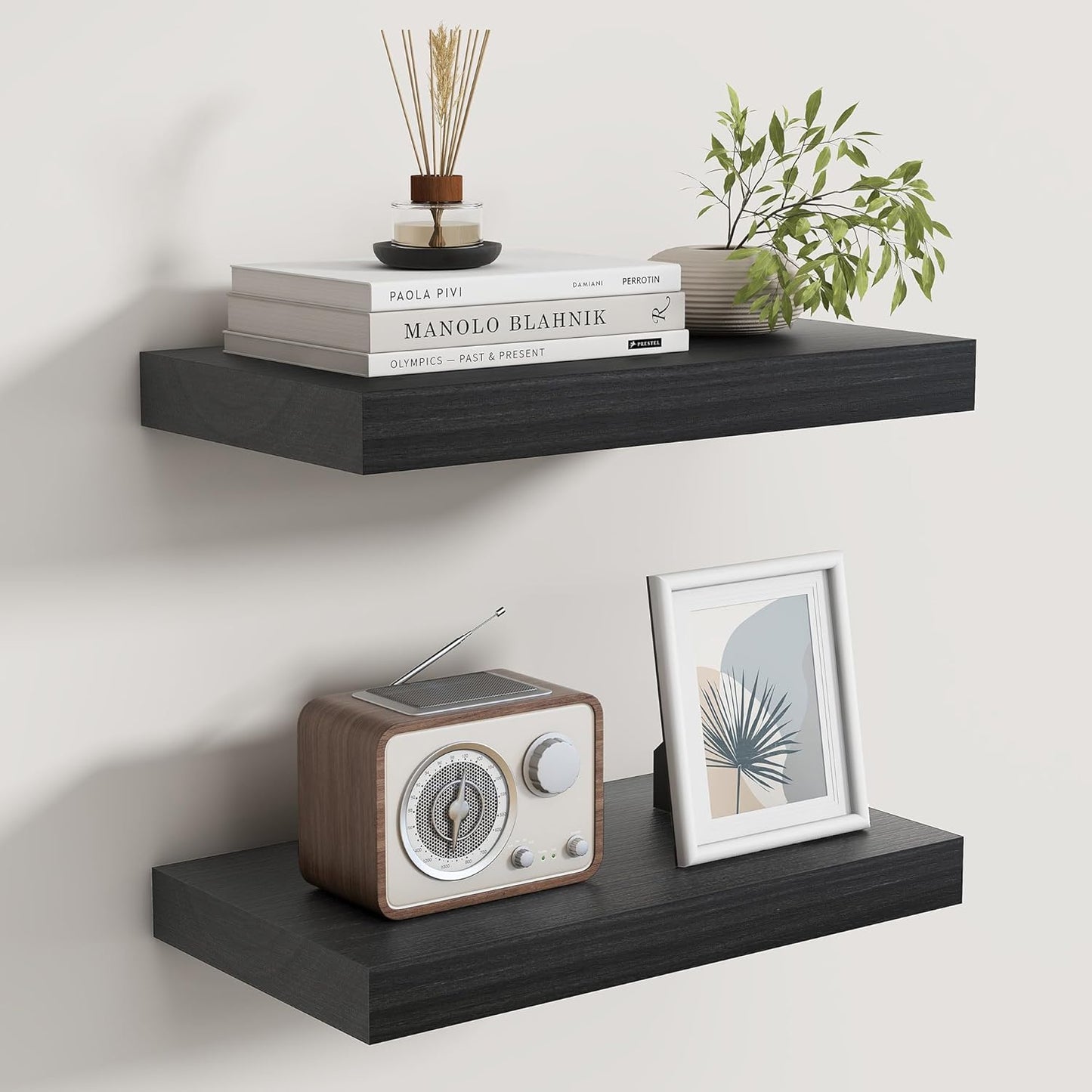 Floating Shelves for Wall, Real Wood Floating Shelf Set of 2, 8 Inch Deep Floating Shelves, Rustic Wood Wall Shelf for Home Decor, Deep Storage Shelves for Bathroom, Kitchen, 16"W x 8"D, Black Color