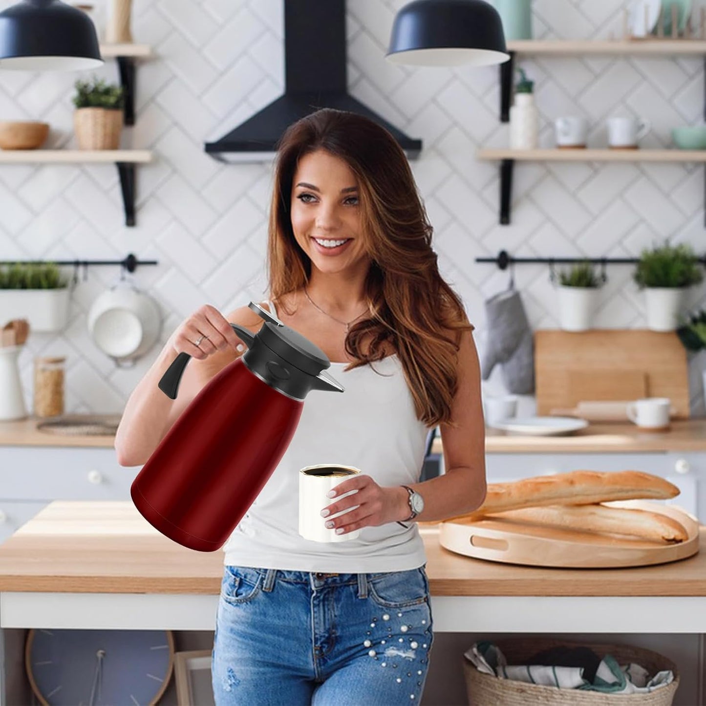 70oz Thermal Coffee Carafe, 2L Stainless Steel Thermos for Hot Drinks, Double Wall Vacuum Carafe for Hot Liquids Large Tea Thermos for Home School Office for Valentine's Day Burgundy