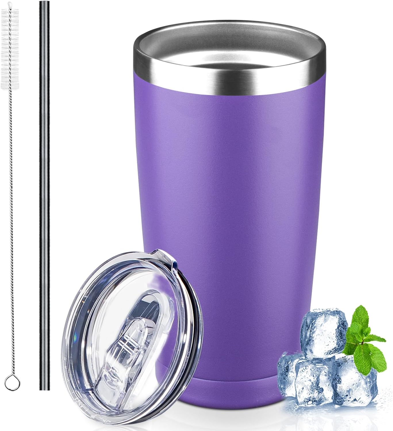 20 oz Tumbler with Lids and Straws, Stainless Steel Insulated Coffee Tumbler, Double Wall Vacuum Insulated Travel Mug Cup, Leakproof Thermal Coffee Cup for Hot and Cold Drinks (purple)