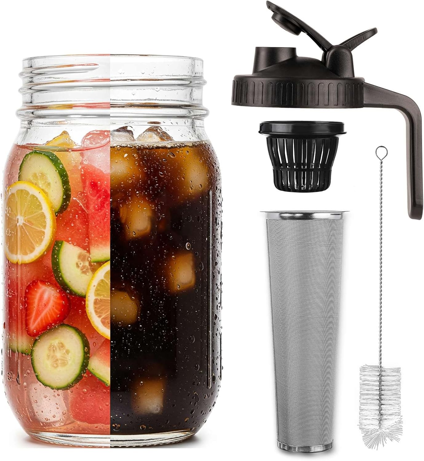 Cold Brew Coffee Maker 64OZ Marson Jars Wide Mouth Glass Picther Spout Lid with Stainless Steel Filter,Leakproof Maker for Iced Tea,Espresso,Lemonade-Black