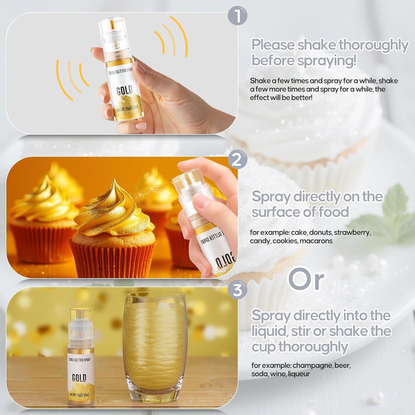 Edible Glitter Spray,2 Colors Silver & White Food Grade Edible Glitter Set for Drink Cake Beverages,Cupcakes,Cake Pops and Cookies Decorating