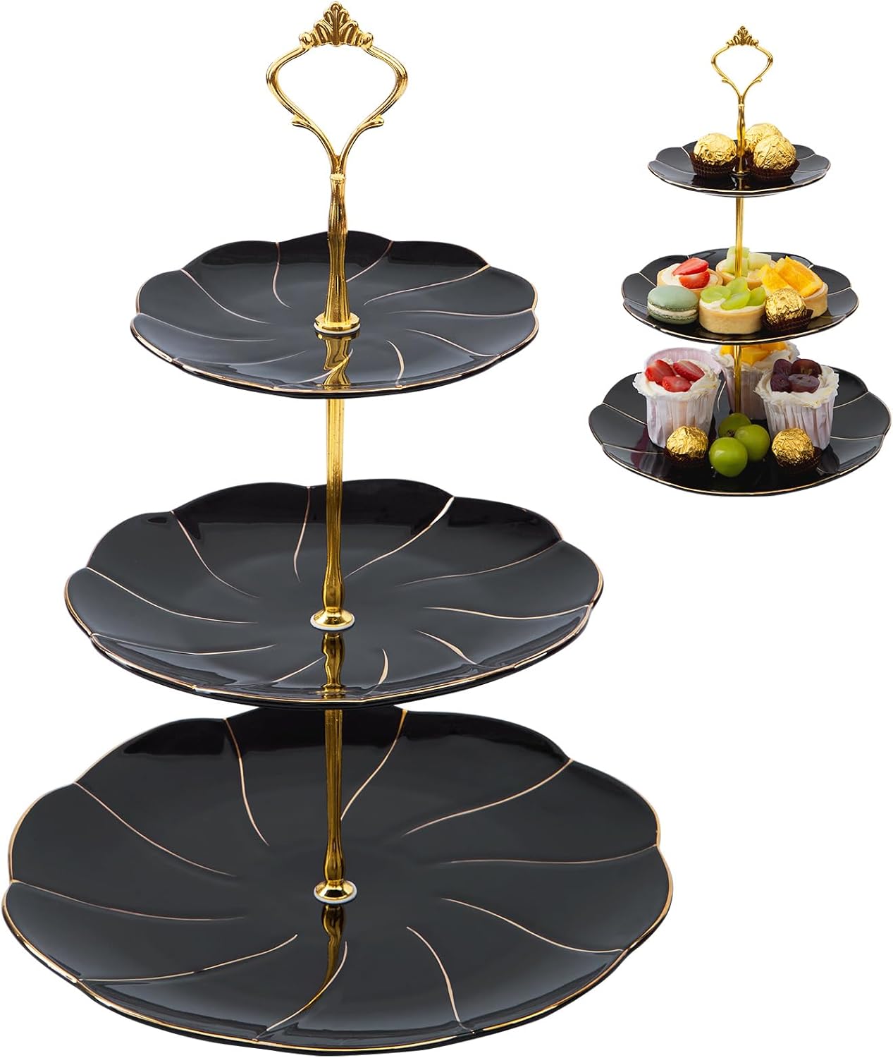 DUJUST Luxury Porcelain 3-Tier Cupcake Stand Tower, British Style Serving Tray with Golden Trim, Food Grade Dessert Display Stand, Beautiful Gift for Tea Party & Home Décor - Black