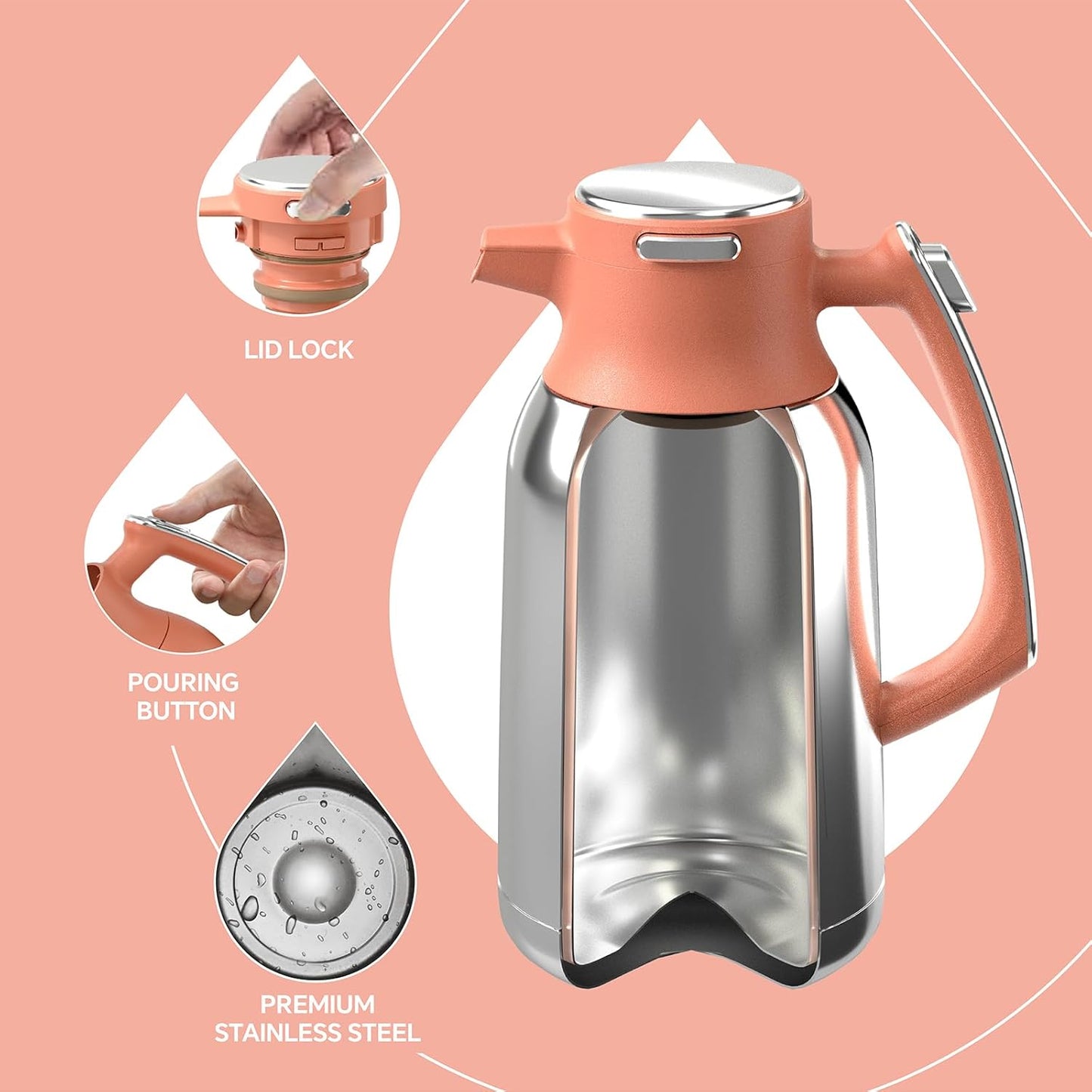 IDEUS Thermal Coffee Carafe 68oz (2,000ml), Stainless Steel Double Wall Insulated Vacuum Flask, Water Jug Coffee Server and Beverage Dispenser, Heat and Cold Retention (Coral, 68oz (2,000ml))