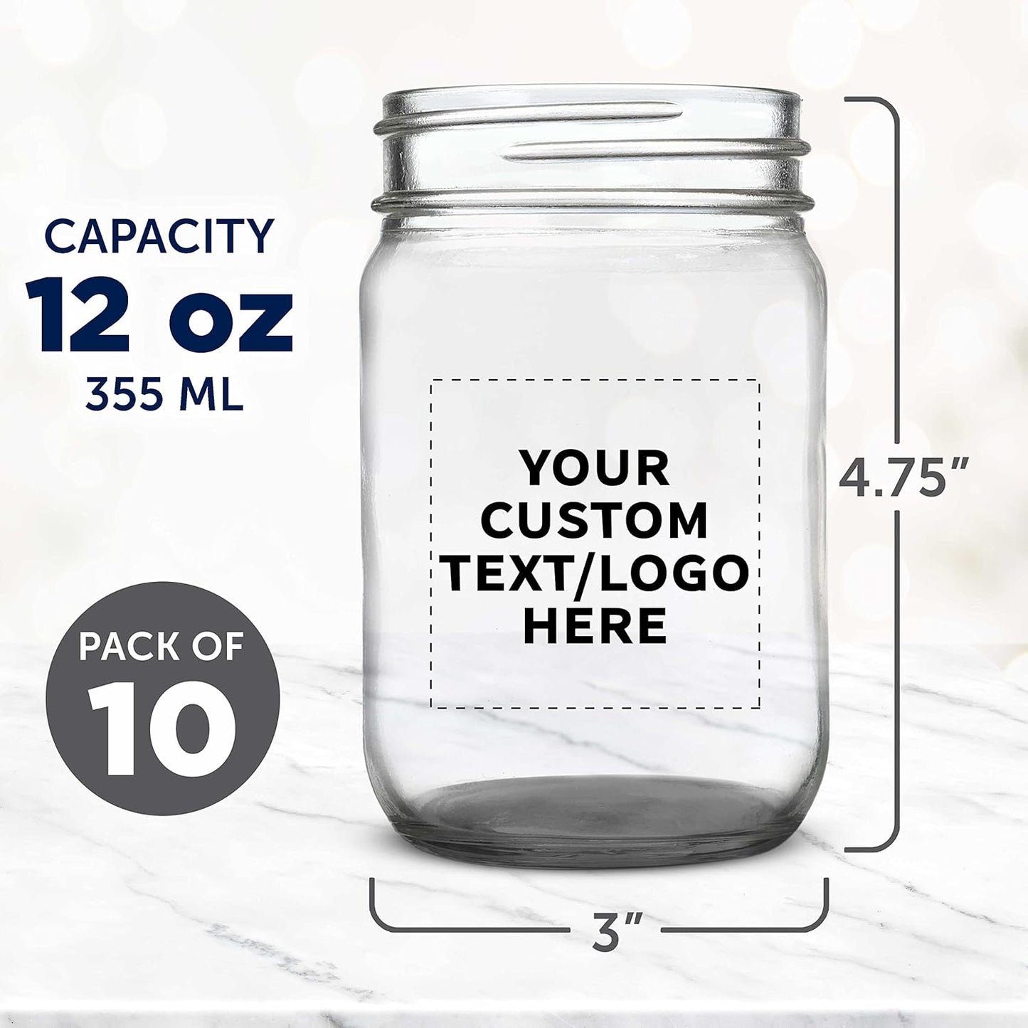 DISCOUNT PROMOS Custom Decorating Mason Jars 12 oz. Set of 10, Personalized Bulk Pack - Glass Jars for Overnight Oats, Candies, Fruits, Pickles, Spices, Beverages - Black