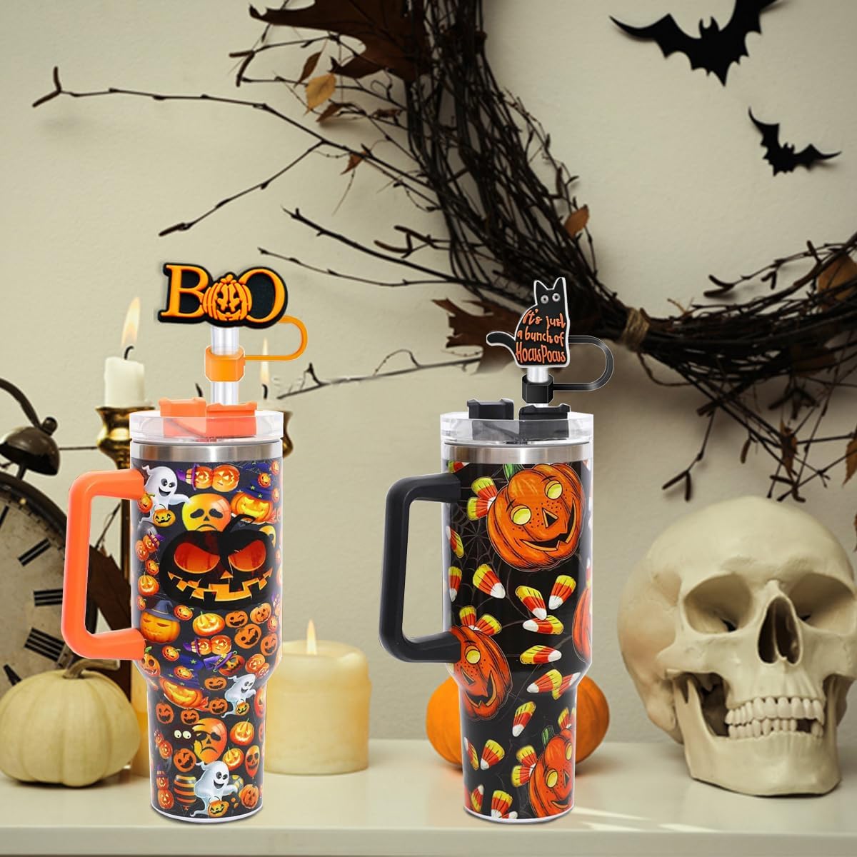 12 PCS Halloween Straw Toppers for Stanley 30&40 Oz Tumbler, 10mm/04in Straw Covers Cap for All 9-10mm Straws, Dust-Proof Reusable Protector Topper for Water Bottle