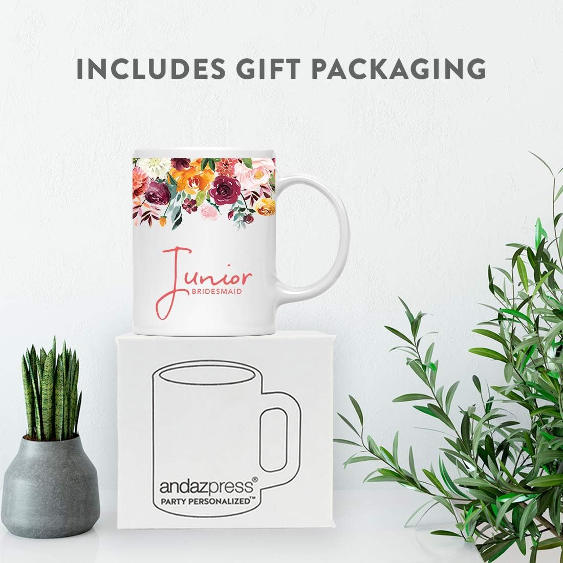 Andaz Press 11oz. Wedding Ceramic Coffee Tea Mug Gift, Fall Autumn Burgundy Orange Peach Flowers Roses Florals, Junior Bridesmaid, 1-Pack, Includes Gift Box