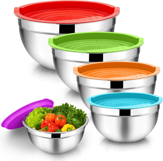 TeamFar Mixing Bowls, 4.5/3/1.5/1/0.7 QT, Stainless Steel Metal Nesting Salad Bowl with Lid Set of 5, Ideal for Prepping Serving, Healthy & Sturdy, Airtight Lid & Easy Clean, Multi-Color