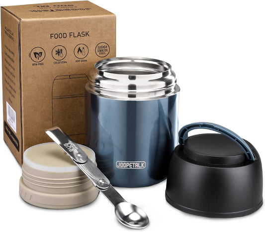 17 oz Insulated Lunch Containers, Blue, Vacuum Stainless Steel Thermo Lunch Box with Handle and Folding Spoon for School, Office, Travel