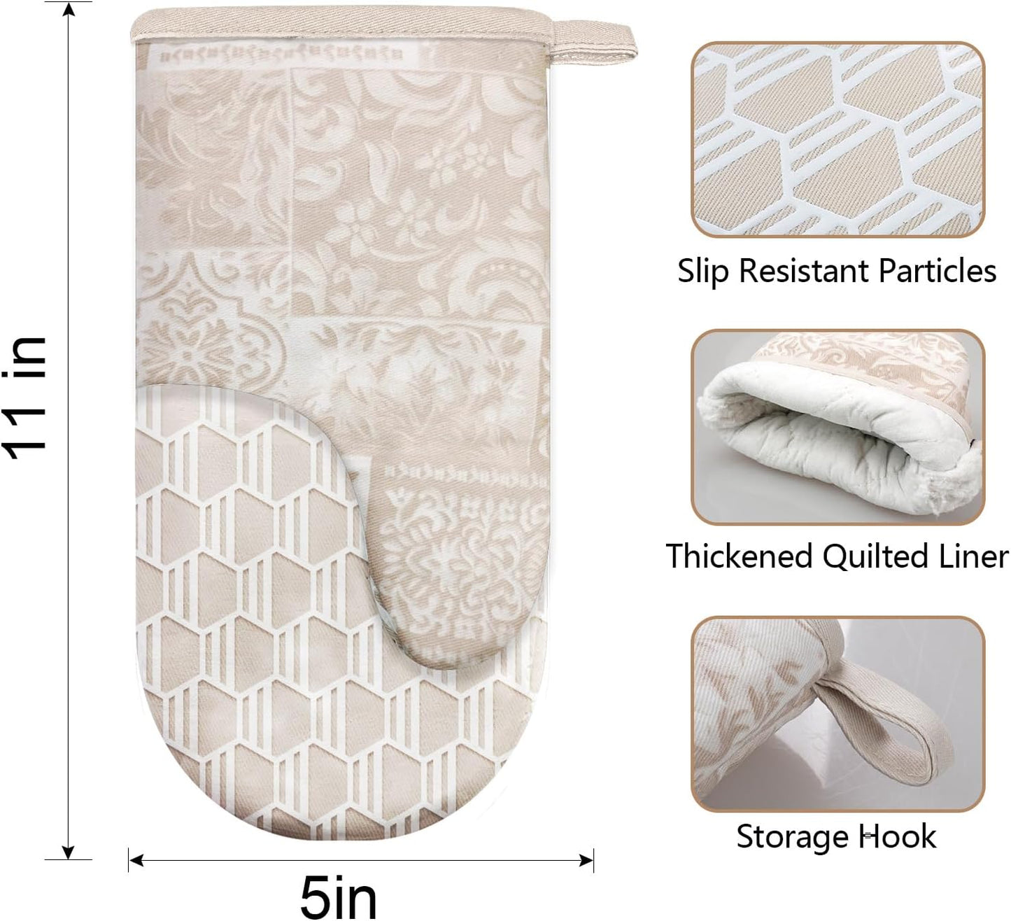 Thumb Oven Mitts, Heat and Slip Resistant Silicone Kitchen Mittens 2-Pack Set, Khaki Patchwork Flower Soft Long Oven Gloves, Flexible Thick Potholders for Safe Baking Cooking and Grill(Khaki)