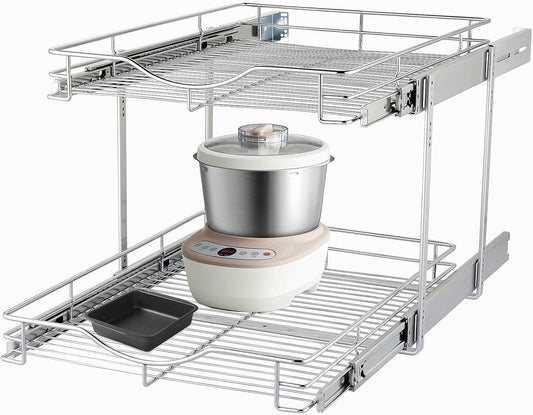 DINDON 2 Tier Pull Out Cabinet Organizer (14" W X 18" D), Double Tier Wire Basket Slide Out Shelf Storage for Kitchen Base Cabinet Organization for Kitchen, Pantry, Bathroom, Chrome