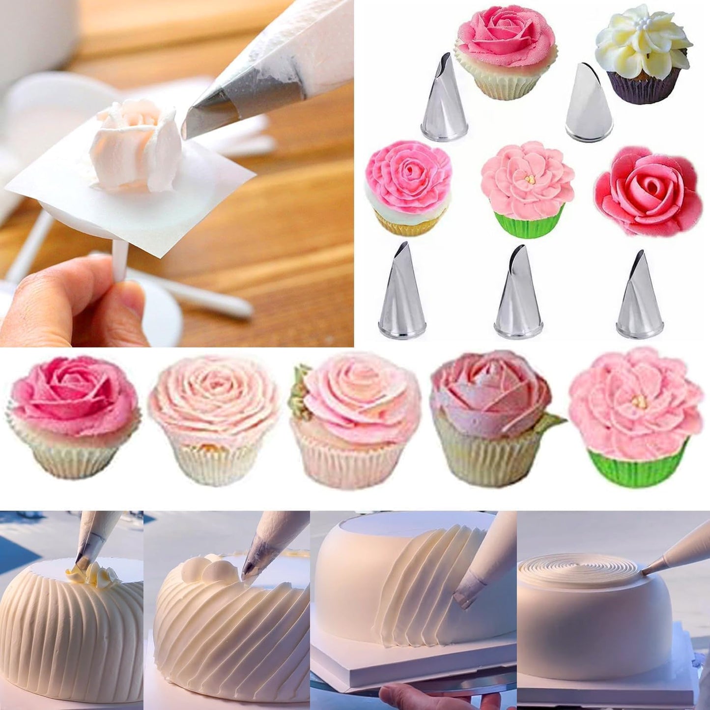8 Pcs Rose Flower Piping Tips Set,Petal Icing Tips,PipingRose Nozzle,Stainless Steel Cake Decorating Pastry Tools, for CakeDecorating,with A Cleaning Brush (Rose-8pcs)