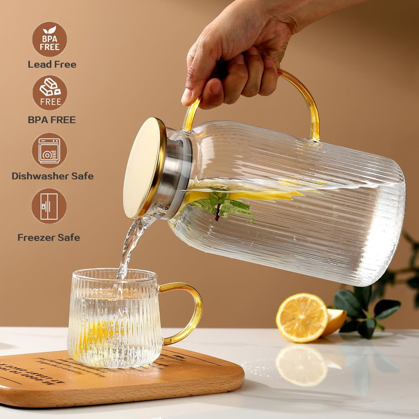 68 oz/2 Liter Glass Pitcher with Lid,Hand Blown Glass Water Pitcher for Cold Brew Coffee,Hot Water, Milk, Modern Vertical Stripes Iced Tea,Father's Day Gifts