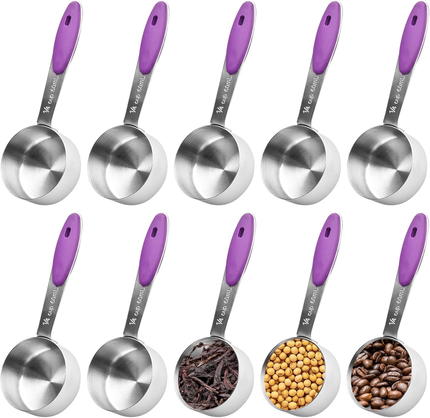 10 Pcs 1/4 Measuring Cup, 2 Oz Stainless Steel Scoop with Silicone Handle, Metal Mini Measuring Scoops Kitchen Gadgets for Cooking Baking,Coffee Bean Pet Food,Ingredients,Purple