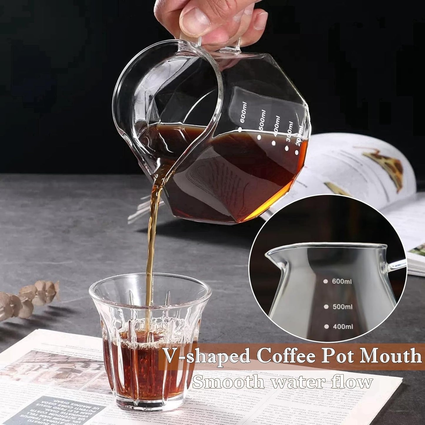 Pour Over Coffee Maker Set 20 oz, 600 ml Borosilicate Glass Coffee Server with Glass Lid, 50 pcs Paper Filter, Walnut Handle Pour Over Coffee Dripper for Home Café Restaurant, Clear