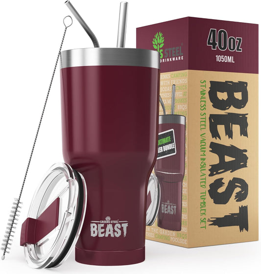 Beast 40 oz Tumbler Stainless Steel Vacuum Insulated Coffee Ice Cup Double Wall Travel Flask (Cranberry Red)